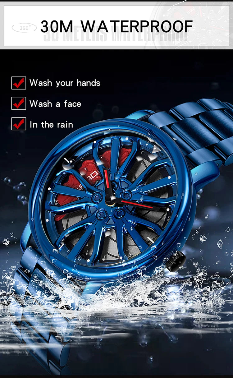 Venda quente relógio masculino esportes 360 rotação roda de carro dial relógios masculino à prova dwaterproof água aço inoxidável quartzo relógio pulso relogio