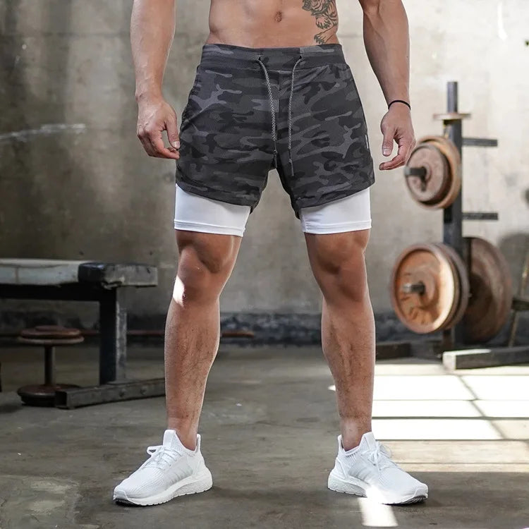 Shorts de corrida camuflados masculinos, shorts esportivos de academia 2 em 1, secagem rápida, treino, academia, fitness, corrida, calças curtas, verão, shorts masculinos