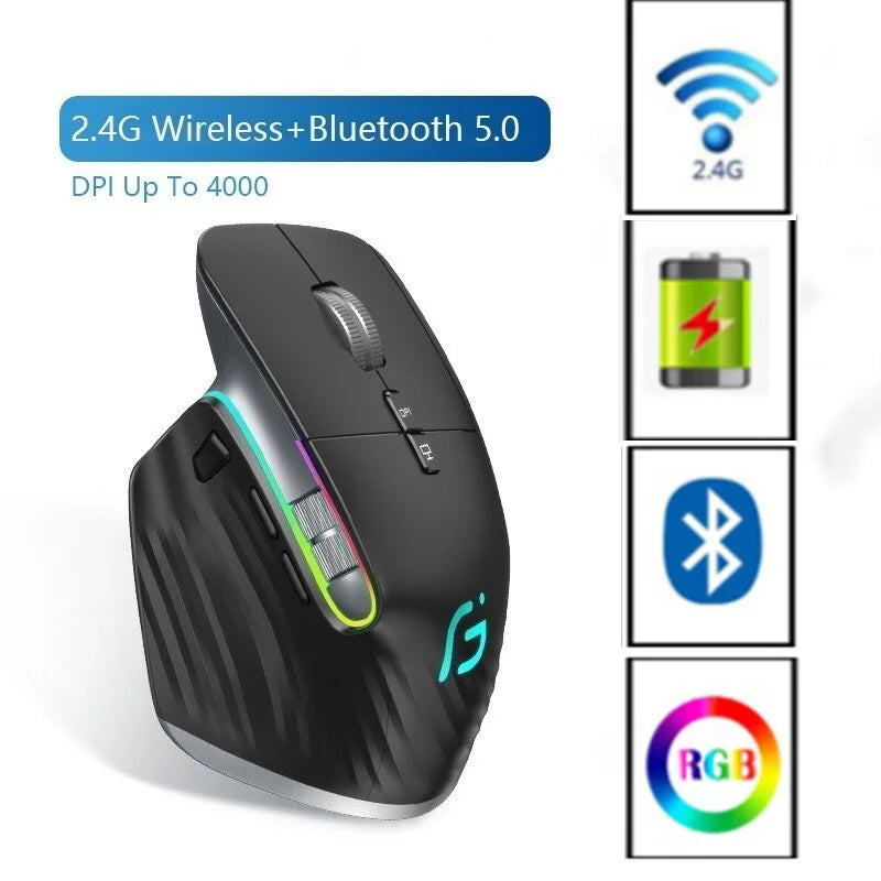 Bluetooth +2.4G Mouse sem fio recarregável 12 cores RGB LED Gaming Mouse ergonômico para computador gamer laptop iPad