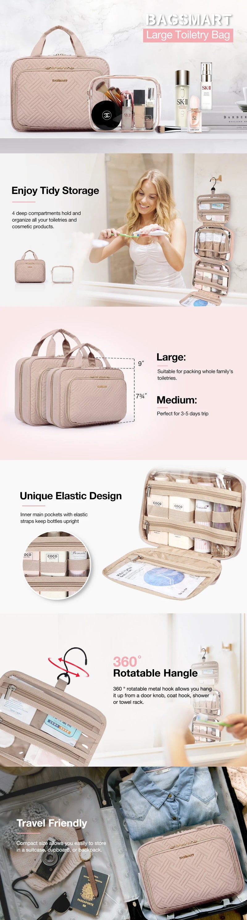 Bolsa de cosméticos feminina BAGSMART para bolsa de maquiagem organizadora bolsa de viagem grande bolsa de higiene à prova d'água bolsa de maquiagem feminina