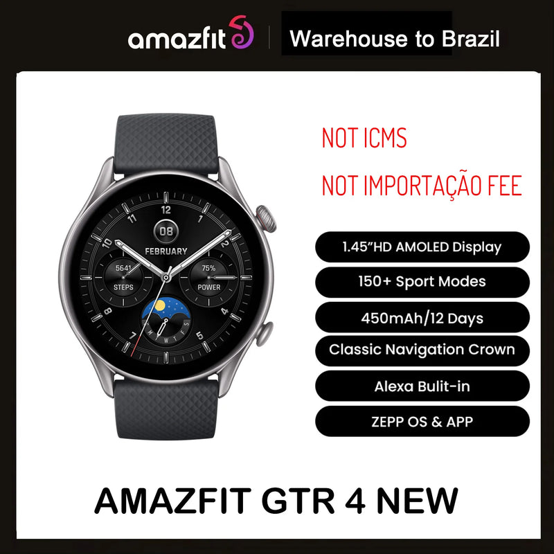 24hours shipping 2024 Amazfit GTR 4 NEW Smartwatch GTR 4 com display AMOLED, aplicativo Zepp OS, bateria de 12 dias, relógio GPS para telefone Android e iOS, nova versão 46mm