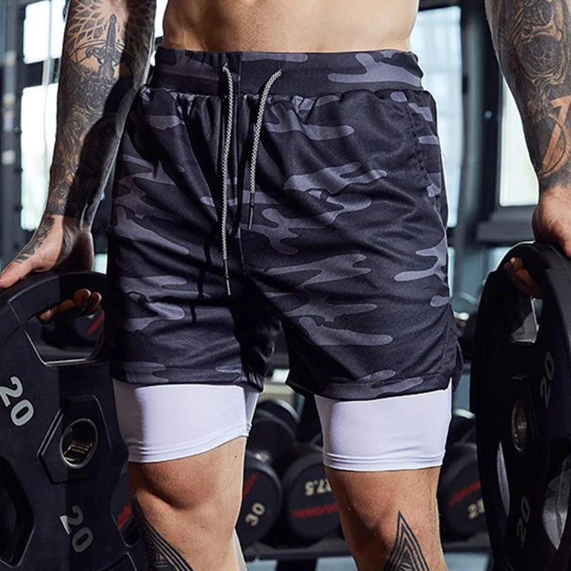 Shorts esportivos masculinos, shorts esportivos de corrida de dois andares, 2 em 1, calças de praia, verão, academia, treinamento de fitness, calças curtas de corrida masculinas