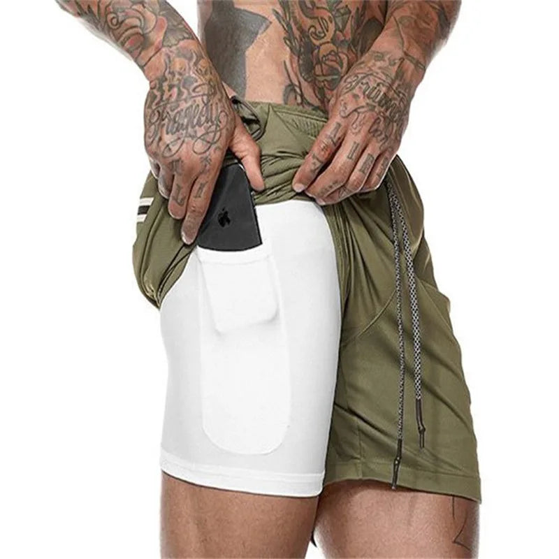 Shorts esportivos masculinos, shorts esportivos de corrida de dois andares, 2 em 1, calças de praia, verão, academia, treinamento de fitness, calças curtas de corrida masculinas