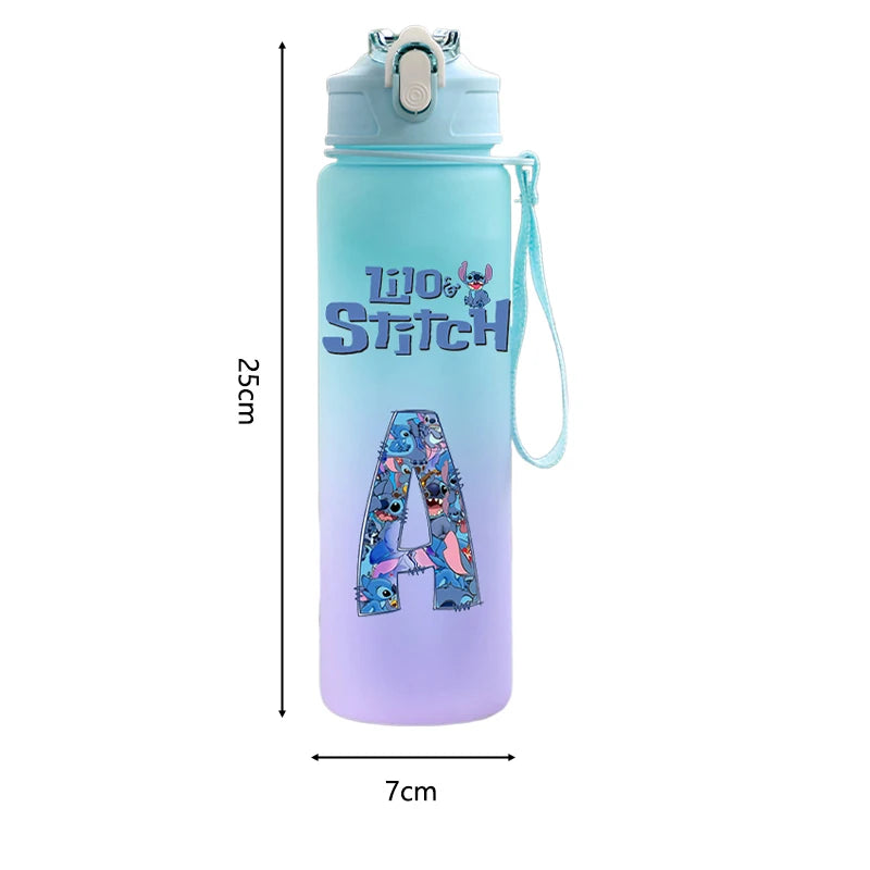 Garrafa de água com estampa de letras A-Z Lilo Stitch de 750ML, grande capacidade, portátil, desenho animado, anime, esporte ao ar livre, copo de água, presente para criança