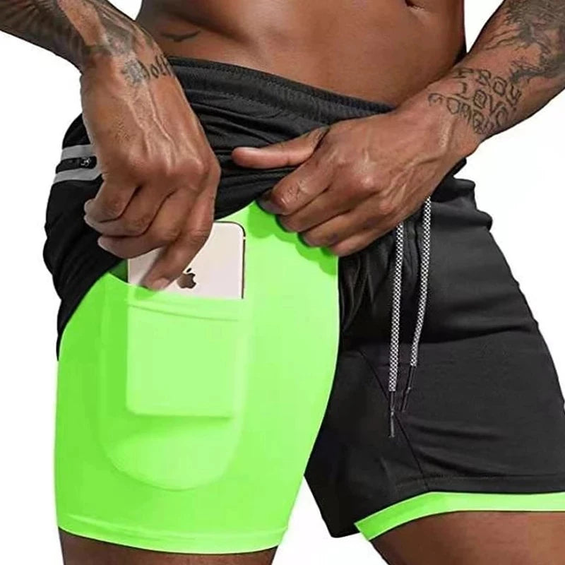 Shorts esportivos masculinos, shorts esportivos de corrida de dois andares, 2 em 1, calças de praia, verão, academia, treinamento de fitness, calças curtas de corrida masculinas