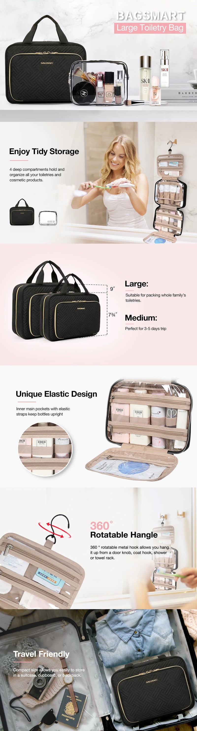 Bolsa de cosméticos feminina BAGSMART para bolsa de maquiagem organizadora bolsa de viagem grande bolsa de higiene à prova d'água bolsa de maquiagem feminina