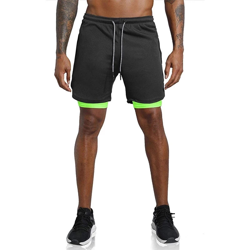 Shorts esportivos masculinos, shorts esportivos de corrida de dois andares, 2 em 1, calças de praia, verão, academia, treinamento de fitness, calças curtas de corrida masculinas