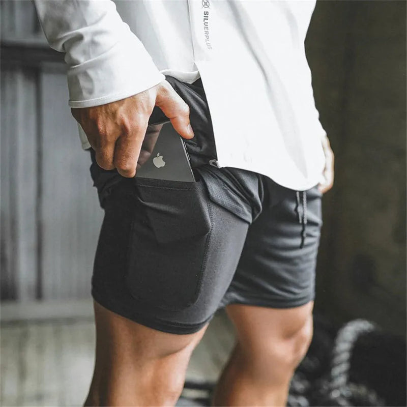 Shorts esportivos masculinos, shorts esportivos de corrida de dois andares, 2 em 1, calças de praia, verão, academia, treinamento de fitness, calças curtas de corrida masculinas