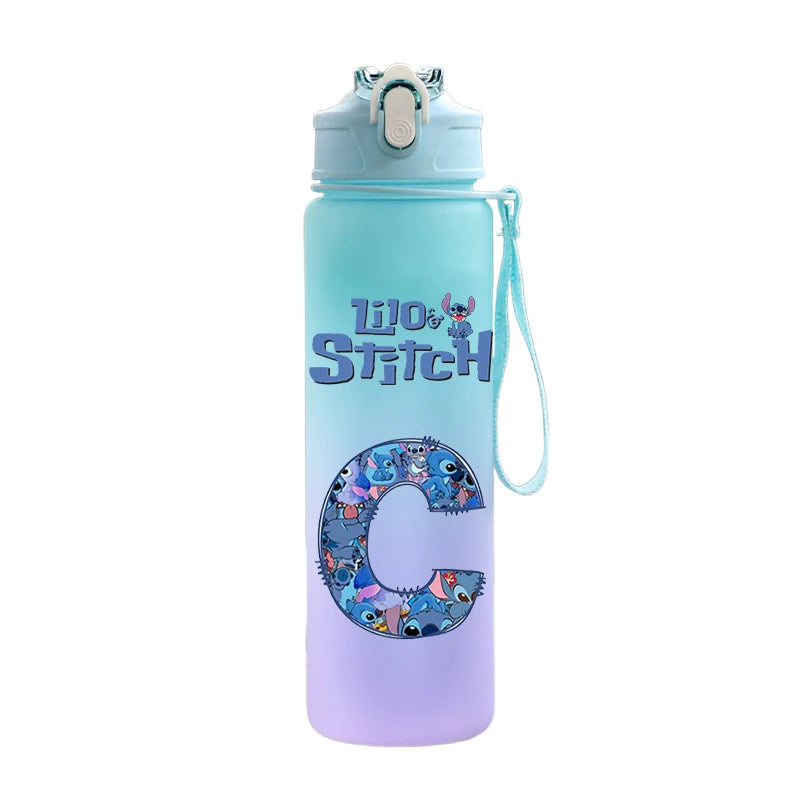 Garrafa de água com estampa de letras A-Z Lilo Stitch de 750ML, grande capacidade, portátil, desenho animado, anime, esporte ao ar livre, copo de água, presente para criança