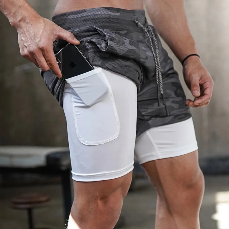 Shorts de corrida camuflados masculinos, shorts esportivos de academia 2 em 1, secagem rápida, treino, academia, fitness, corrida, calças curtas, verão, shorts masculinos