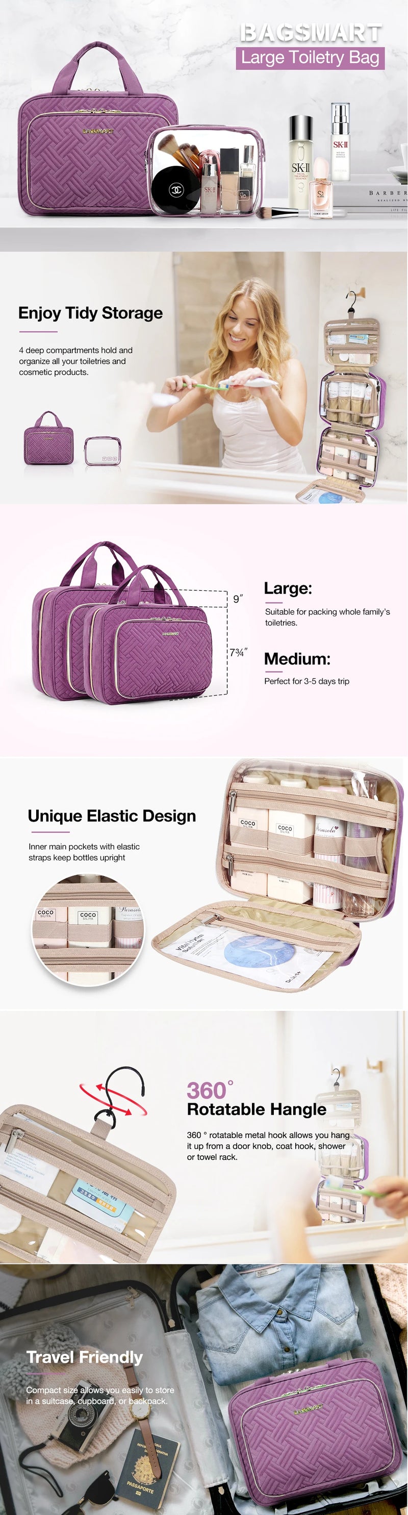 Bolsa de cosméticos feminina BAGSMART para bolsa de maquiagem organizadora bolsa de viagem grande bolsa de higiene à prova d'água bolsa de maquiagem feminina