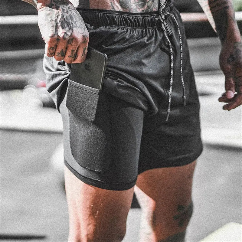 Shorts esportivos masculinos, shorts esportivos de corrida de dois andares, 2 em 1, calças de praia, verão, academia, treinamento de fitness, calças curtas de corrida masculinas