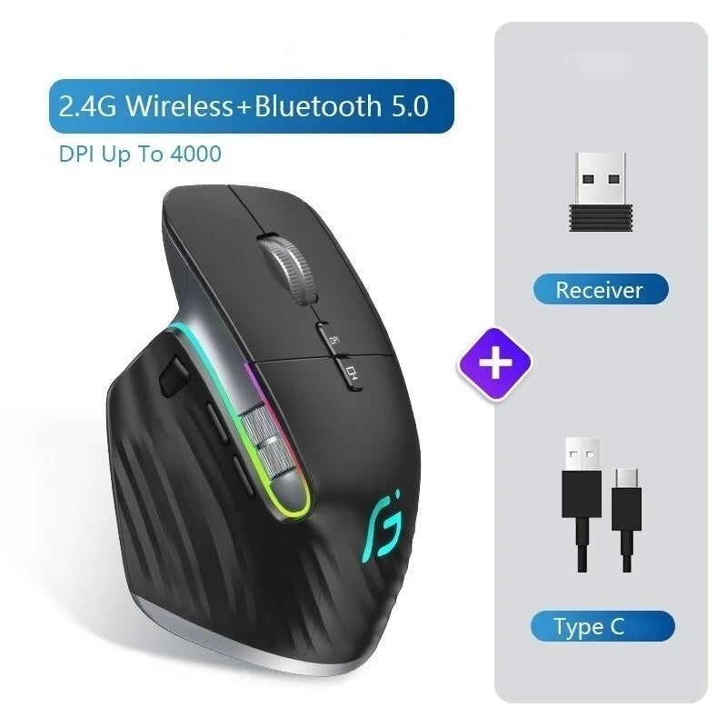 Bluetooth +2.4G Mouse sem fio recarregável 12 cores RGB LED Gaming Mouse ergonômico para computador gamer laptop iPad