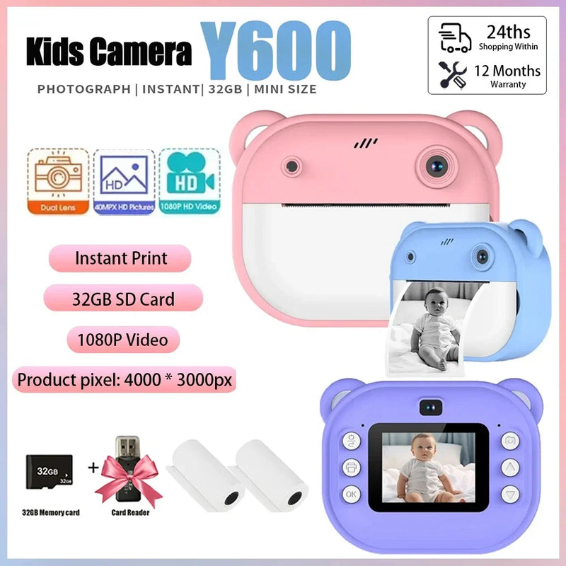 Crianças câmera de impressão instantânea crianças vídeo fotografia câmera fotográfica digital brinquedo mini impressora térmica para menino meninas presente aniversário