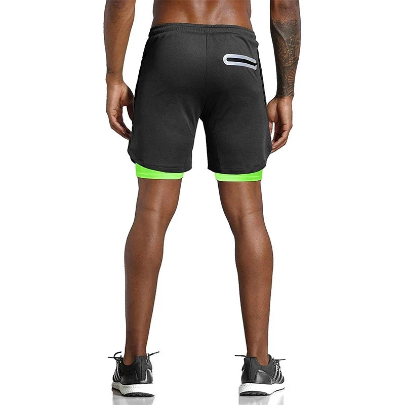 Shorts esportivos masculinos, shorts esportivos de corrida de dois andares, 2 em 1, calças de praia, verão, academia, treinamento de fitness, calças curtas de corrida masculinas