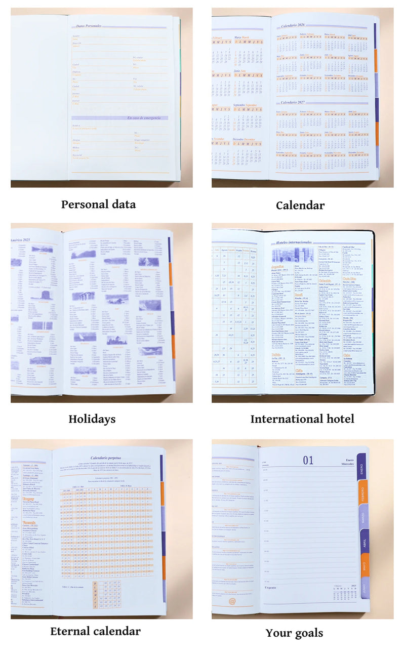2025 janeiro-dezembro planejador espanhol/inglês idioma caderno a5 capa de couro do plutônio agenda escolar plano semanal mensal diário organizador