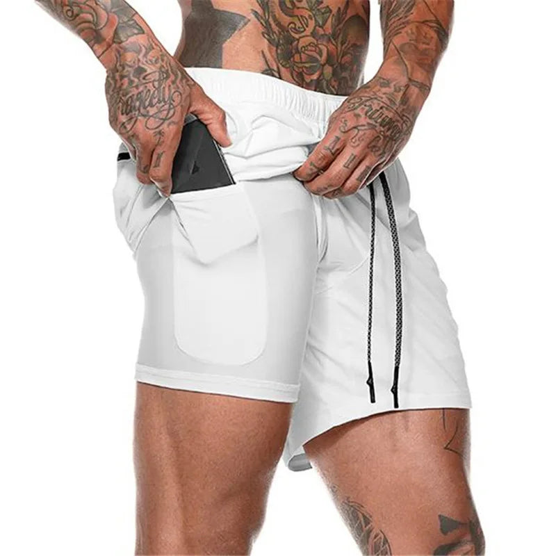 Shorts esportivos masculinos, shorts esportivos de corrida de dois andares, 2 em 1, calças de praia, verão, academia, treinamento de fitness, calças curtas de corrida masculinas